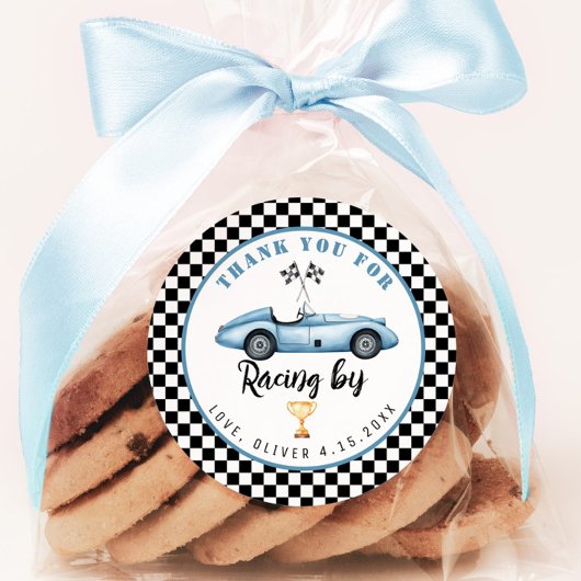 Blue race auto Boy Verjaardag Bedankt voor het rac Ronde Sticker