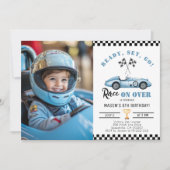 Blue Race Auto Elke leeftijd Jongen Foto Verjaarda Kaart (Voorkant)