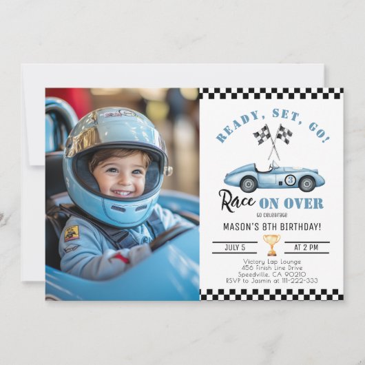 Blue Race Auto Elke leeftijd Jongen Foto Verjaarda Kaart (Voorkant)