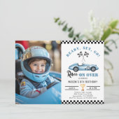 Blue Race Auto Elke leeftijd Jongen Foto Verjaarda Kaart (Staand voorkant)