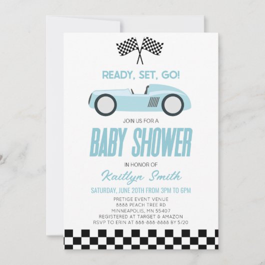 Blue Race Auto geruit Race Flag Baby shower Kaart (Voorkant)