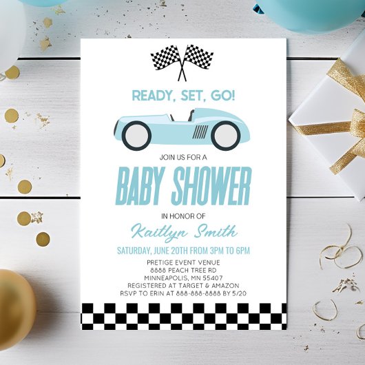 Blue Race Auto geruit Race Flag Baby shower Kaart