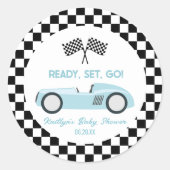 Blue Race Auto Klaar Set Go Baby shower Party Favo Ronde Sticker (Voorkant)
