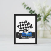 Blue Race-auto met gecheckte vlag Briefkaart (Staand voorkant)