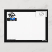 Blue Race-auto met gecheckte vlag Briefkaart (Achterkant)
