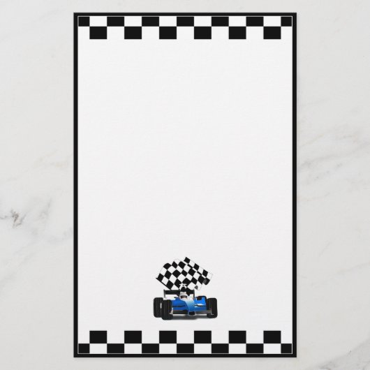 Blue Race-auto met gecheckte vlag Briefpapier (Voorkant)
