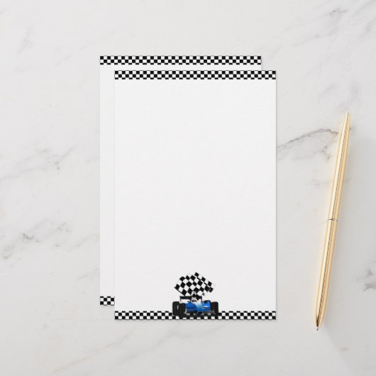 Blue Race-auto met gecheckte vlag Briefpapier (Voorkant / Achterkant in situ)