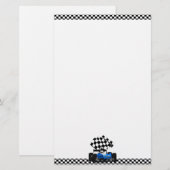 Blue Race-auto met gecheckte vlag Briefpapier (Voorkant / Achterkant)