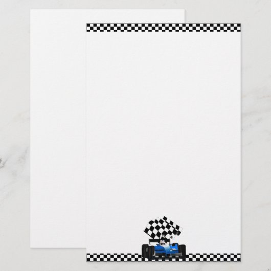 Blue Race-auto met gecheckte vlag Briefpapier (Voorkant / Achterkant)