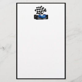 Blue Race-auto met gecheckte vlag Briefpapier
