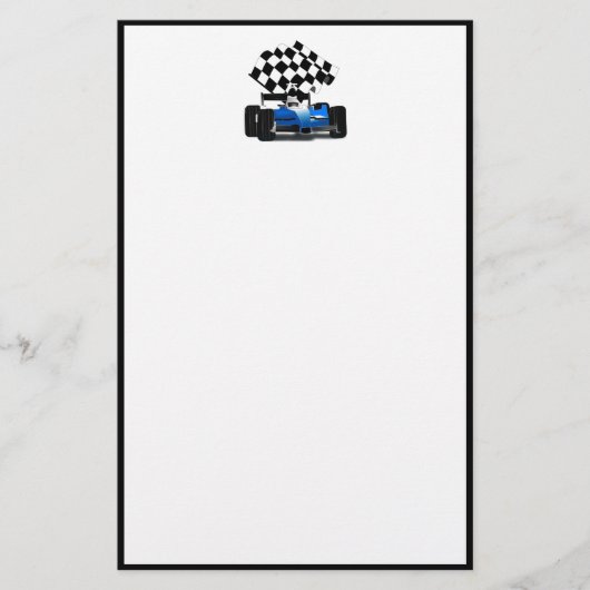 Blue Race-auto met gecheckte vlag Briefpapier (Voorkant)
