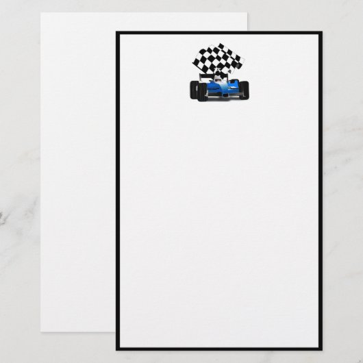 Blue Race-auto met gecheckte vlag Briefpapier (Voorkant / Achterkant)