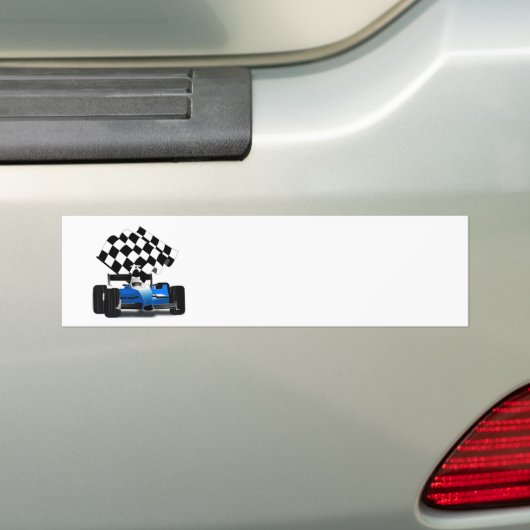 Blue Race-auto met gecheckte vlag Bumpersticker (Op auto)