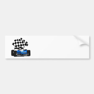 Blue Race-auto met gecheckte vlag Bumpersticker