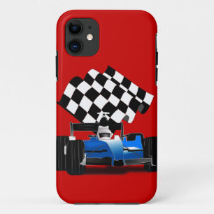 Blue Race-auto met gecheckte vlag Case-Mate iPhone Case