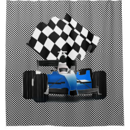 Blue Race-auto met gecheckte vlag Douchegordijn