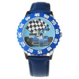 Blue Race-auto met gecheckte vlag Horloge