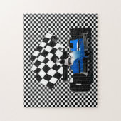 Blue Race-auto met gecheckte vlag Jigzaag Puzzle Legpuzzel (Verticaal)