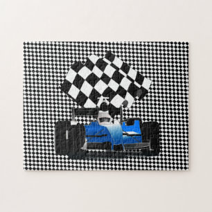 Blue Race-auto met gecheckte vlag Jigzaag Puzzle Legpuzzel