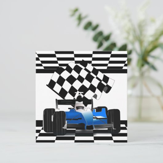 Blue Race-auto met gecheckte vlag Kaart (Staand voorkant)