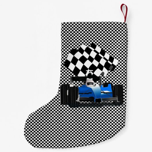 Blue Race-auto met gecheckte vlag Kleine Kerstsok (Achterkant)