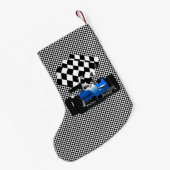 Blue Race-auto met gecheckte vlag Kleine Kerstsok (Achterkant (Hangend))