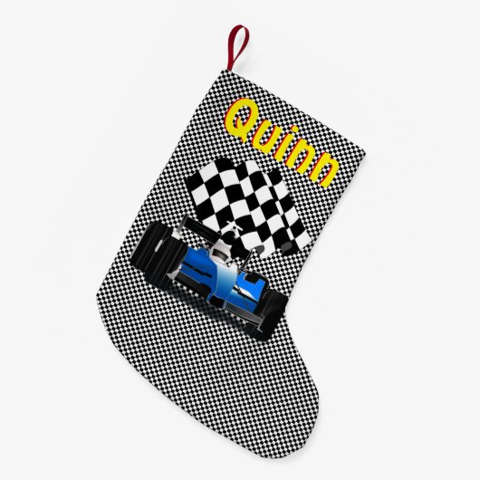 Blue Race-auto met gecheckte vlag Kleine Kerstsok (Voorkant (Hangend))