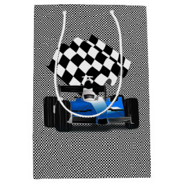 Blue Race-auto met gecheckte vlag Medium Cadeauzakje