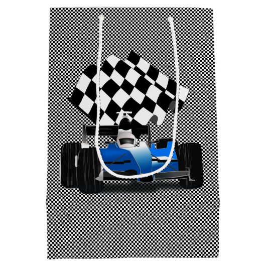 Blue Race-auto met gecheckte vlag Medium Cadeauzakje (Achterkant)