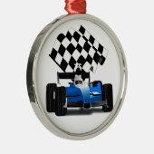 Blue Race-auto met gecheckte vlag Metalen Ornament (Rechts)