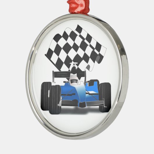 Blue Race-auto met gecheckte vlag Metalen Ornament (Links)