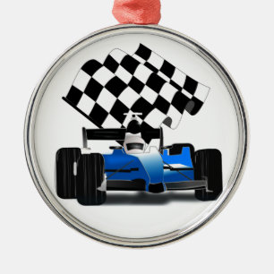 Blue Race-auto met gecheckte vlag Metalen Ornament