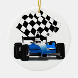 Blue Race-auto met gecheckte vlag Metalen Ornament