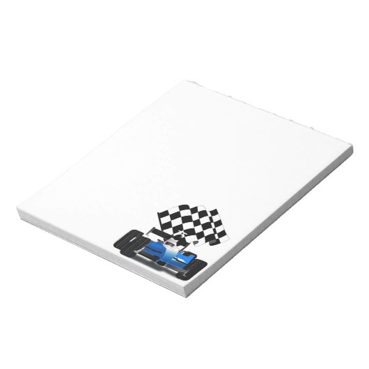 Blue Race-auto met gecheckte vlag Notitieblok (Linkerzijde)