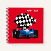 Blue Race-auto met gecheckte vlag Notitieboek (Voorkant)
