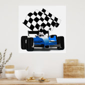 Blue Race-auto met gecheckte vlag Poster (Keuken)