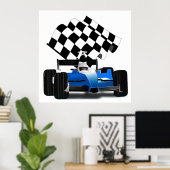 Blue Race-auto met gecheckte vlag Poster (Thuiskantoor)