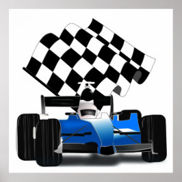 Blue Race-auto met gecheckte vlag Poster