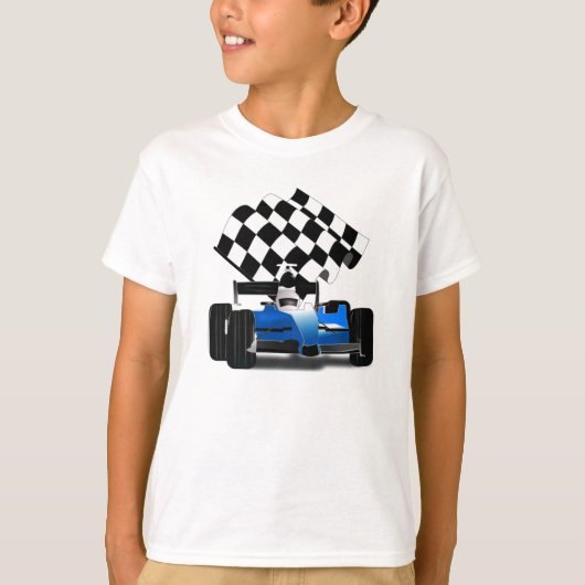 Blue Race-auto met gecheckte vlag T-shirt (Voorkant)