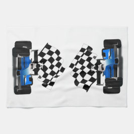 Blue Race-auto met gecheckte vlag Theedoek