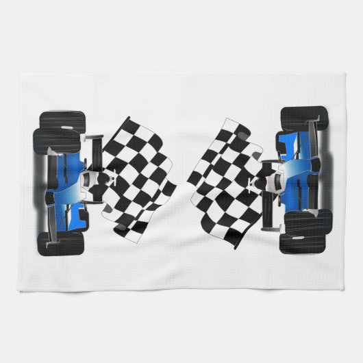 Blue Race-auto met gecheckte vlag Theedoek (Horizontaal)