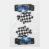 Blue Race-auto met gecheckte vlag Theedoek (Verticaal)
