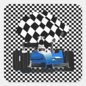 Blue Race-auto met gecheckte vlag Vierkante Sticker (Voorkant)