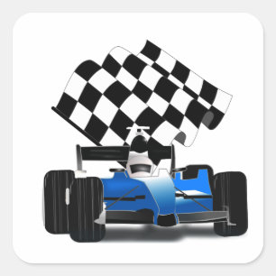 Blue Race-auto met gecheckte vlag Vierkante Sticker
