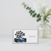 Blue Race-auto met gecheckte vlag Visitekaartje (Staand voorkant)