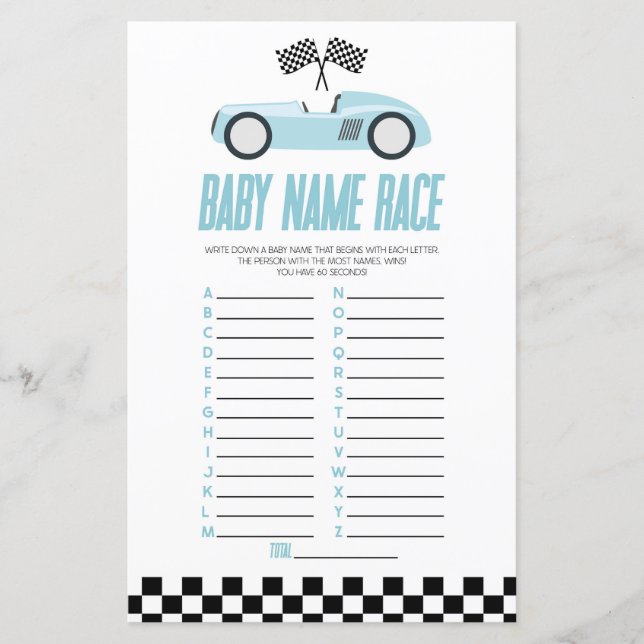 Blue Race Auto Naam Race Baby shower spel (Voorkant)