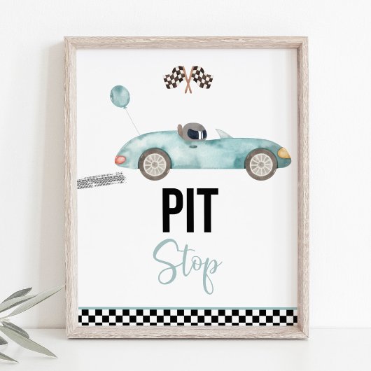 Blue Race Auto Pit Stop Verjaardagsbord Poster