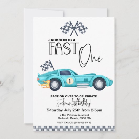 Blue Race auto SNEL EEN 1e Verjaardag waterverf Kaart (Voorkant)