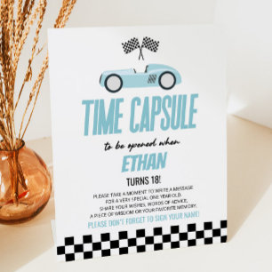 Blue Race Auto Verjaardag Party Time Capsule Reclamebord Met Voetstuk