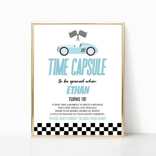 Blue Race Auto Verjaardag Party Time Capsule Sign Poster